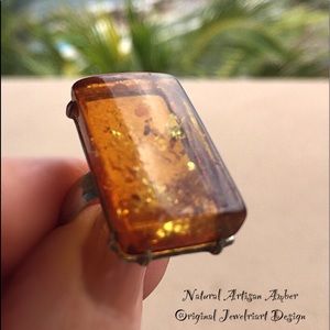 Natural Amber Artisan Ring. Unique Amber Ring